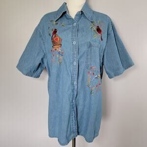 VTG Denim Embroidered Button Shirt Womens XL Birds Grannnycore Grandma Casual